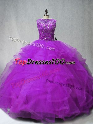 Chic Sleeveless Beading and Ruffles Lace Up Sweet 16 Quinceanera Dress with Purple Brush Train