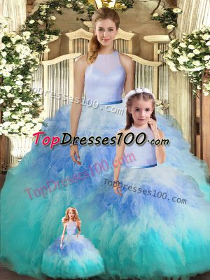 Luxury Multi-color Ball Gowns High-neck Sleeveless Tulle Floor Length Backless Ruffles 15 Quinceanera Dress