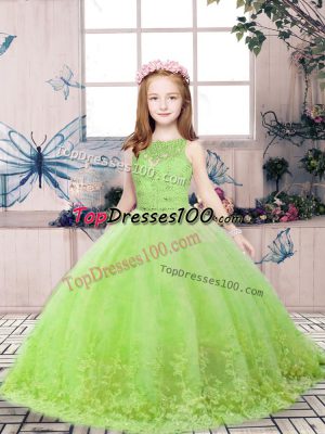 Low Price Yellow Green Scoop Neckline Lace and Appliques Kids Formal Wear Sleeveless Backless