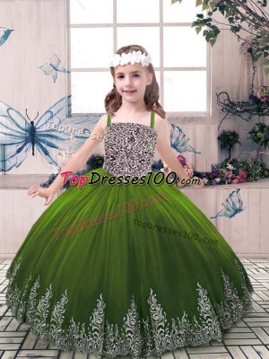 Enchanting Straps Sleeveless Pageant Gowns For Girls Floor Length Beading and Embroidery Olive Green Tulle