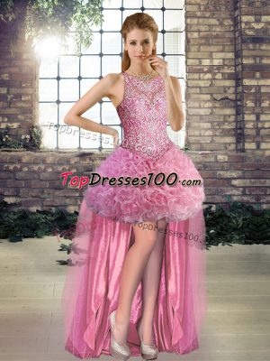 Gorgeous Sleeveless Fabric With Rolling Flowers High Low Lace Up Pageant Dress Womens in Rose Pink with Beading