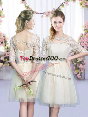V-neck Half Sleeves Wedding Party Dress Mini Length Lace and Bowknot Champagne Tulle