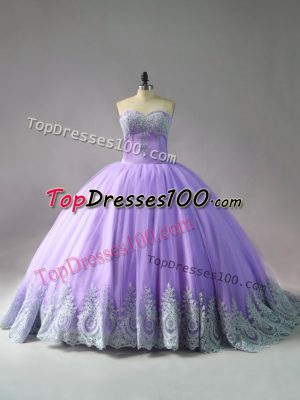Lavender Sleeveless Court Train Appliques Sweet 16 Quinceanera Dress