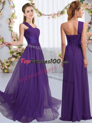 Purple Lace Up Quinceanera Dama Dress Ruching Sleeveless Floor Length