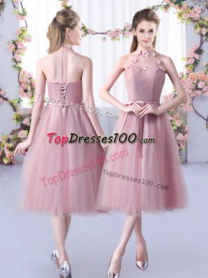 Unique Halter Top Sleeveless Lace Up Quinceanera Court of Honor Dress Pink Tulle