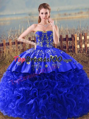 Sweetheart Sleeveless Quinceanera Dresses Brush Train Embroidery and Ruffles Royal Blue Organza