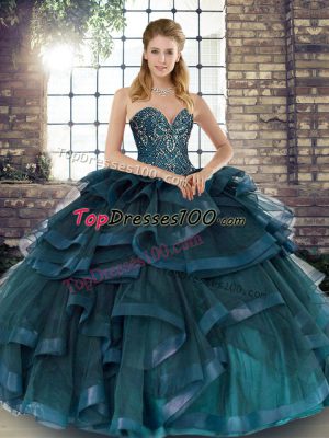 Classical Sweetheart Sleeveless Lace Up Ball Gown Prom Dress Teal Tulle