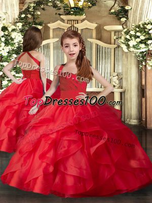 Red Tulle Lace Up Little Girls Pageant Dress Wholesale Sleeveless Floor Length Ruffles and Ruching