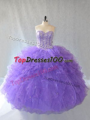 Stunning Lavender Sweetheart Neckline Beading and Ruffles and Sequins Quinceanera Gown Sleeveless Lace Up