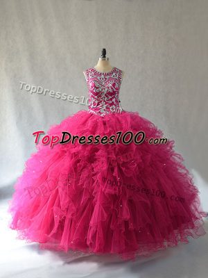 Hot Selling Hot Pink Tulle Lace Up Scoop Sleeveless Vestidos de Quinceanera Beading