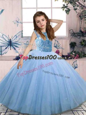 Blue Scoop Neckline Beading Child Pageant Dress Sleeveless Lace Up