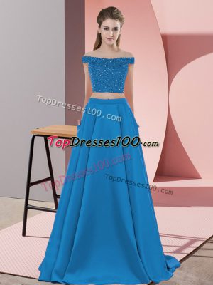 Delicate Sleeveless Elastic Woven Satin Sweep Train Backless Prom Dresses in Blue with Beading