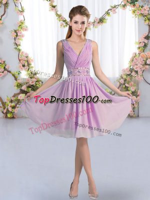 Fashionable Lavender Zipper Bridesmaid Dresses Beading Sleeveless Knee Length