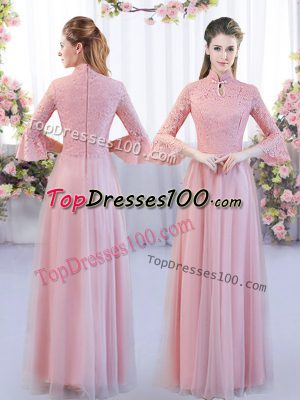 Eye-catching High-neck 3 4 Length Sleeve Zipper Dama Dress for Quinceanera Pink Tulle