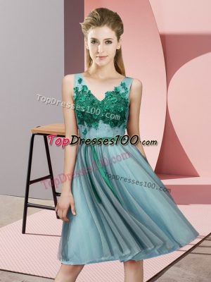 Knee Length Empire Sleeveless Aqua Blue Bridesmaid Dress Lace Up