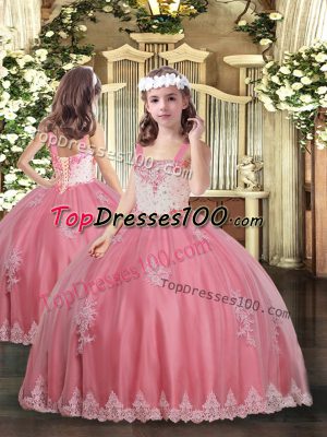 Wonderful Watermelon Red Tulle Lace Up Little Girls Pageant Dress Sleeveless Floor Length Appliques