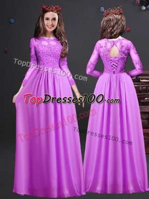 Trendy Lilac Lace Up Bridesmaids Dress Appliques Long Sleeves Floor Length
