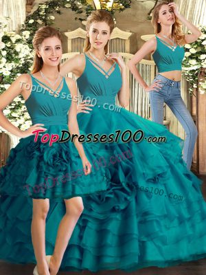 Hot Selling Ball Gowns Sweet 16 Dresses Teal V-neck Organza Sleeveless Floor Length Backless