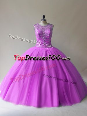 Chic Sleeveless Floor Length Beading Lace Up 15th Birthday Dress with Lilac