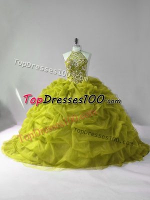 Traditional Olive Green Ball Gowns Halter Top Sleeveless Tulle Court Train Lace Up Beading and Pick Ups Quince Ball Gowns