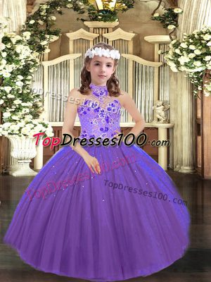 Purple Ball Gowns Halter Top Sleeveless Tulle Floor Length Lace Up Appliques Child Pageant Dress