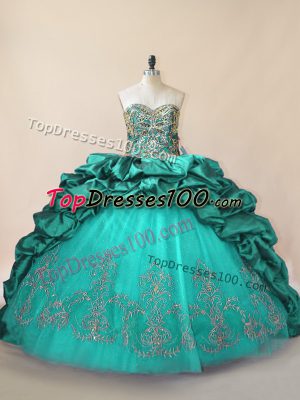 Chic Turquoise 15th Birthday Dress Sweet 16 and Quinceanera with Beading and Pick Ups Sweetheart Sleeveless Brush Train Lace Up