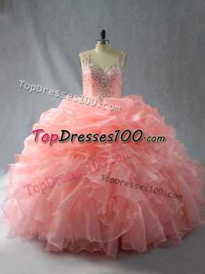 Peach Quinceanera Gowns Sweet 16 and Quinceanera with Beading and Ruffles and Pick Ups Straps Sleeveless Zipper