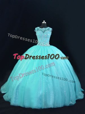 Low Price Aqua Blue Scoop Lace Up Beading and Lace Quinceanera Dresses Sleeveless