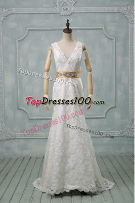 Fantastic White Sleeveless Lace Brush Train Backless Bridal Gown for Wedding Party