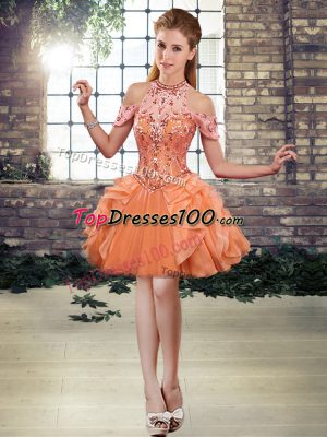 Superior Orange Prom Evening Gown Prom and Party with Beading and Ruffles Halter Top Sleeveless Lace Up