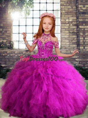Floor Length Lace Up Little Girl Pageant Gowns Fuchsia for Party and Wedding Party with Beading and Ruffles
