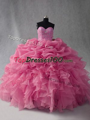 Floor Length Ball Gowns Sleeveless Rose Pink Quinceanera Dresses Lace Up
