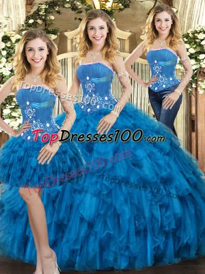 On Sale Blue Tulle Lace Up Strapless Sleeveless Floor Length Quinceanera Dress Beading and Ruffles