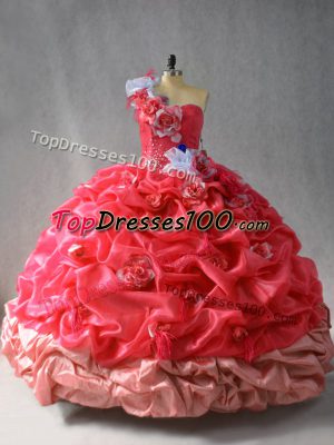 Coral Red Vestidos de Quinceanera Sweet 16 and Quinceanera with Pick Ups and Hand Made Flower One Shoulder Sleeveless Lace Up