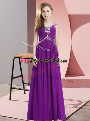 Hot Selling Eggplant Purple Empire Chiffon Straps Cap Sleeves Beading Floor Length Lace Up Prom Gown