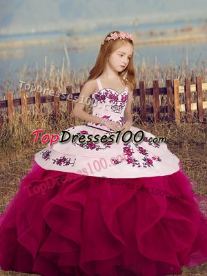 Dramatic Floor Length Lace Up Pageant Gowns Fuchsia for Party and Sweet 16 and Wedding Party with Embroidery and Ruffles