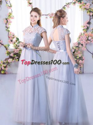 Beautiful Cap Sleeves Tulle Floor Length Lace Up Quinceanera Dama Dress in Grey with Lace