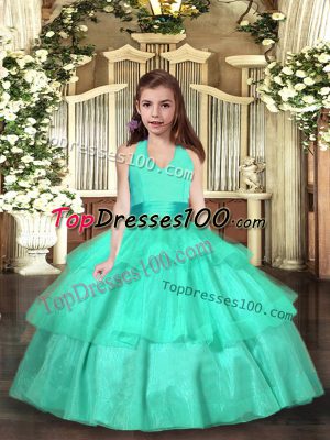 Top Selling Turquoise Kids Formal Wear Party and Wedding Party with Ruffled Layers Strapless Sleeveless Lace Up