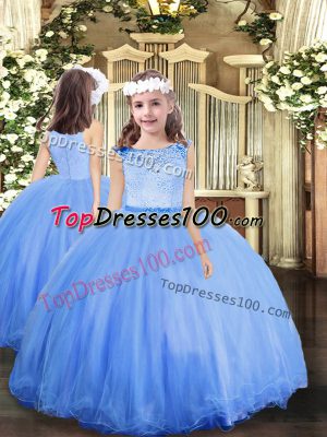 Beautiful Floor Length Blue Little Girls Pageant Dress Wholesale Scoop Sleeveless Zipper