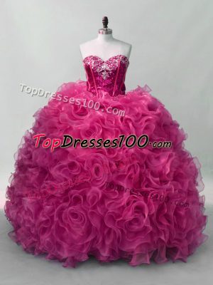Fashionable Hot Pink Sweetheart Neckline Ruffles and Sequins Quinceanera Dress Sleeveless Lace Up