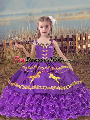Modern Lavender Ball Gowns Straps Sleeveless Organza Floor Length Lace Up Beading and Embroidery and Ruffled Layers Little Girl Pageant Gowns