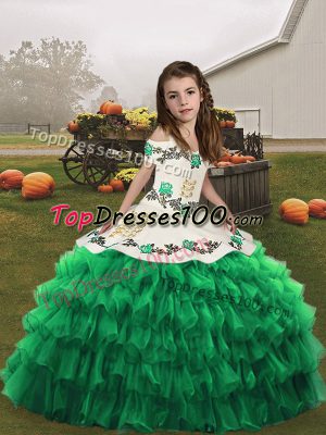 Beautiful Green Straps Neckline Embroidery Little Girls Pageant Gowns Sleeveless Lace Up