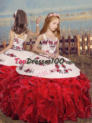 Red Little Girl Pageant Gowns Party and Sweet 16 and Wedding Party with Embroidery and Ruffles Straps Sleeveless Lace Up