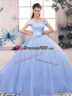 Off The Shoulder Short Sleeves Quinceanera Dresses Floor Length Lace and Hand Made Flower Lavender Tulle
