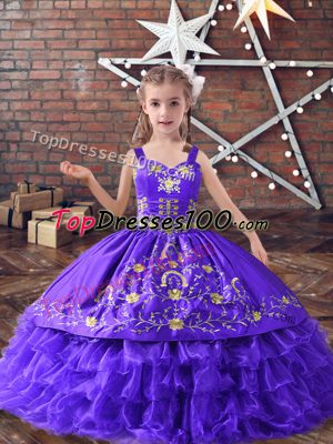 On Sale Lavender Straps Neckline Embroidery and Ruffled Layers Pageant Gowns For Girls Sleeveless Lace Up