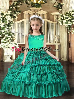 Fashion Ruffled Layers Kids Formal Wear Turquoise Lace Up Sleeveless Floor Length