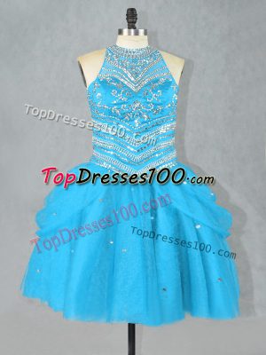Exceptional Aqua Blue Halter Top Neckline Beading Prom Party Dress Sleeveless Lace Up