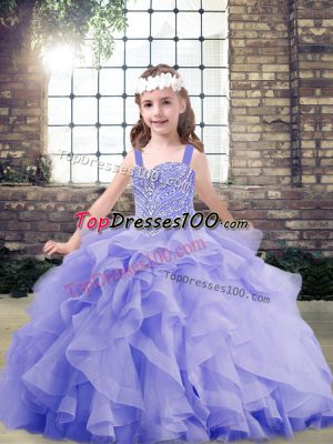Luxurious Sleeveless Organza Floor Length Lace Up Little Girls Pageant Dress Wholesale in Lavender with Beading and Ruffles