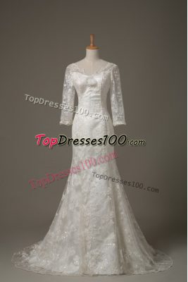 V-neck 3 4 Length Sleeve Lace Wedding Gown Lace and Hand Made Flower Brush Train Lace Up