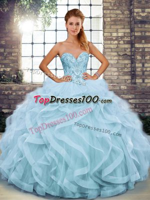 Nice Light Blue Ball Gowns Tulle Sweetheart Sleeveless Beading and Ruffles Floor Length Lace Up Quinceanera Gown